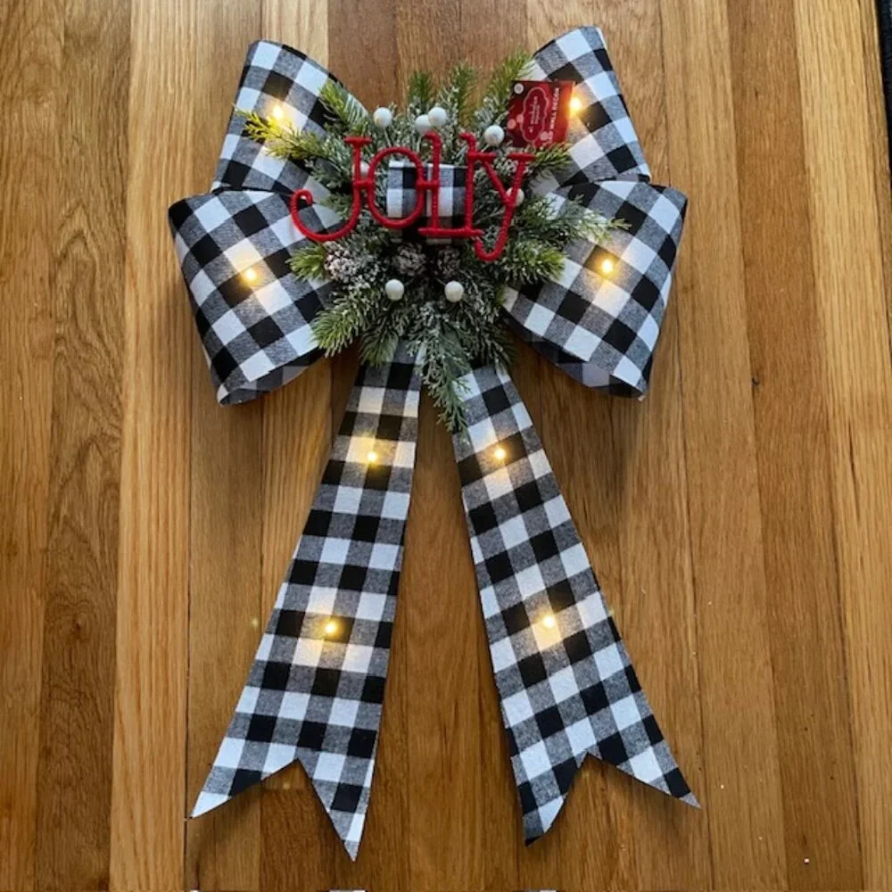 St. Nicholas Square LED Wall Decor, Black & White Gingham Lighted Bow